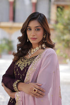 Sonakshi Women's Wine Faux Blooming Sequins Embroidered Kurta Set with Dupatta - Distacart