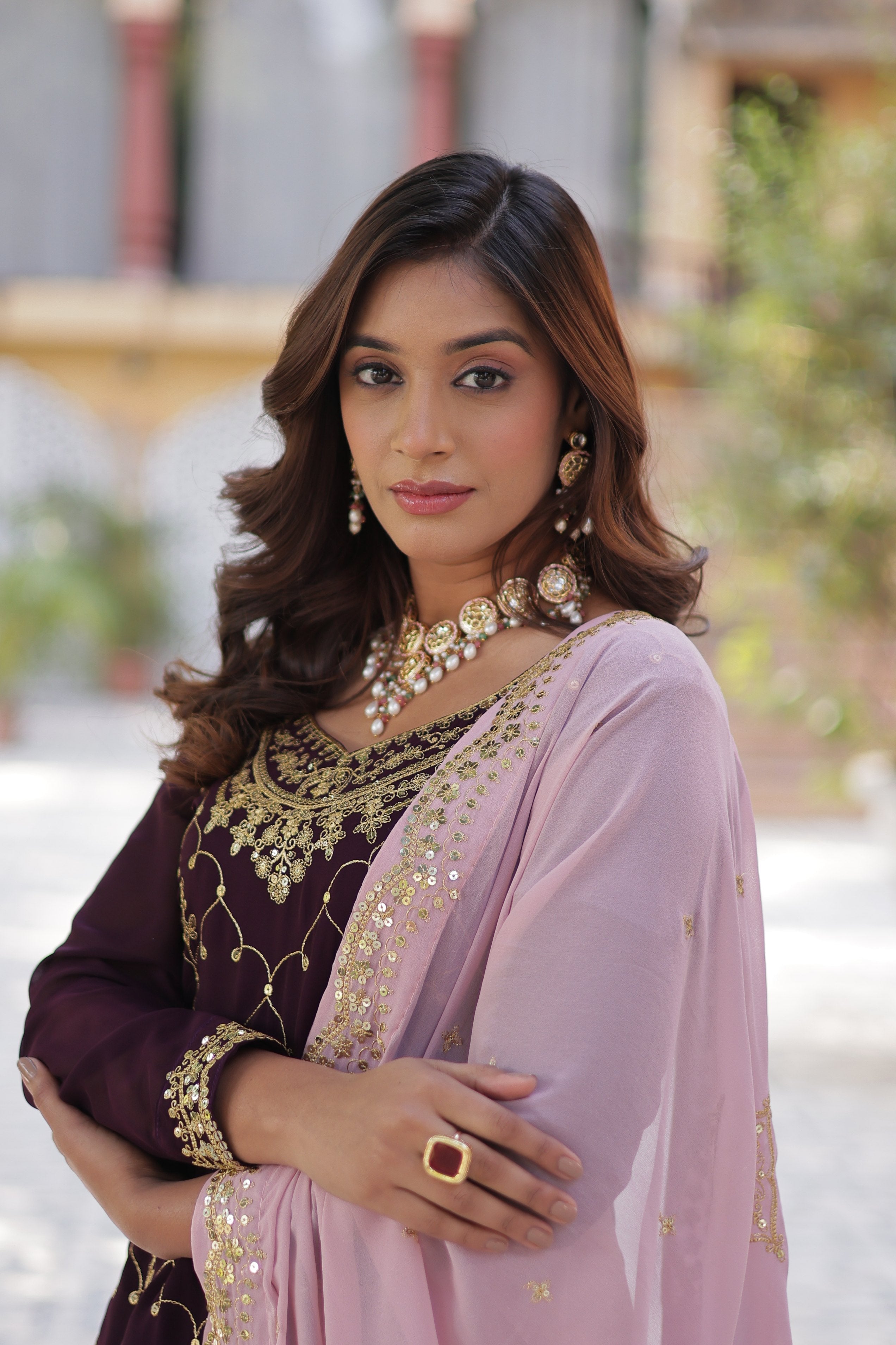 Sonakshi Women's Wine Faux Blooming Sequins Embroidered Kurta Set with Dupatta - Distacart