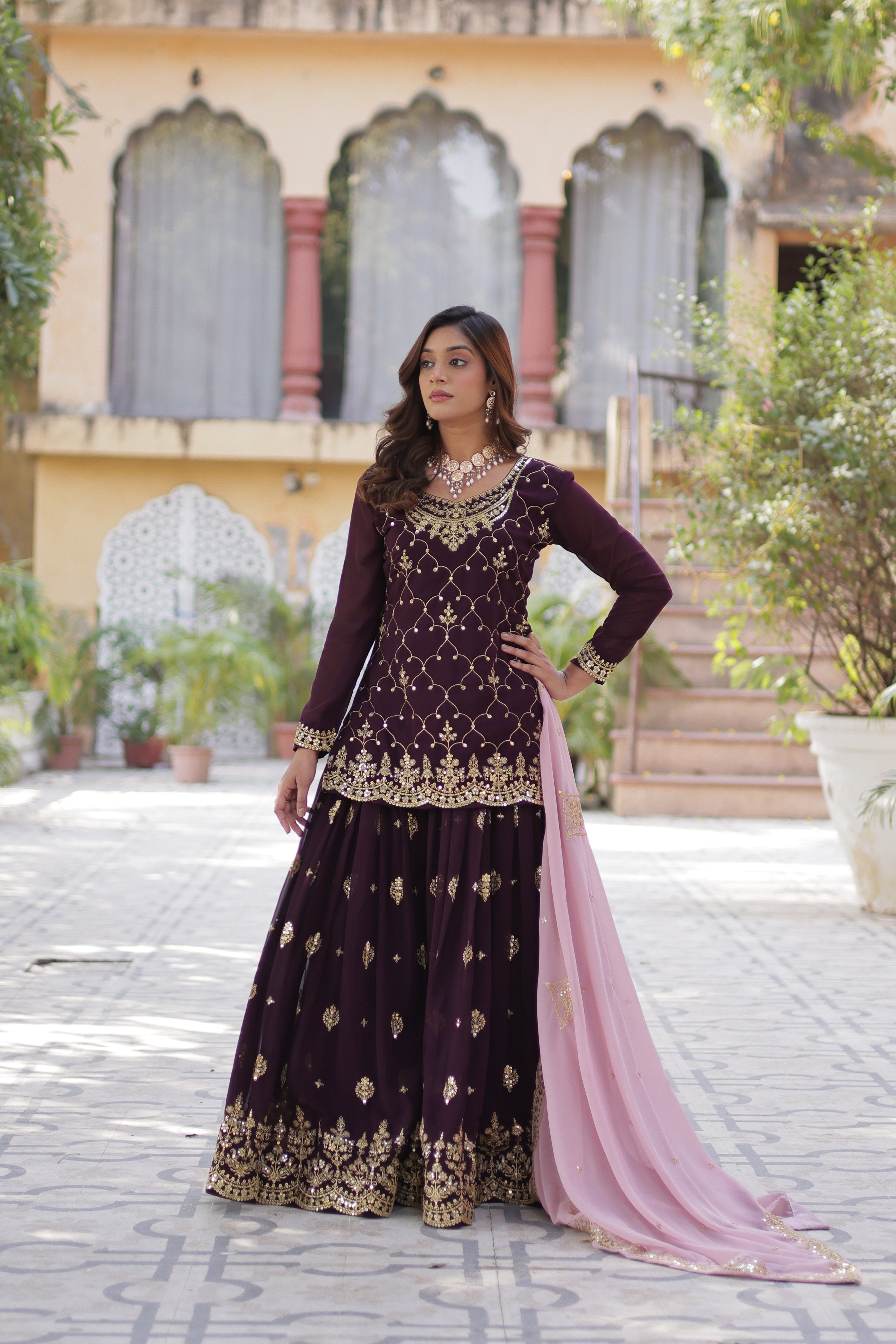 Sonakshi Women's Wine Faux Blooming Sequins Embroidered Kurta Set with Dupatta - Distacart