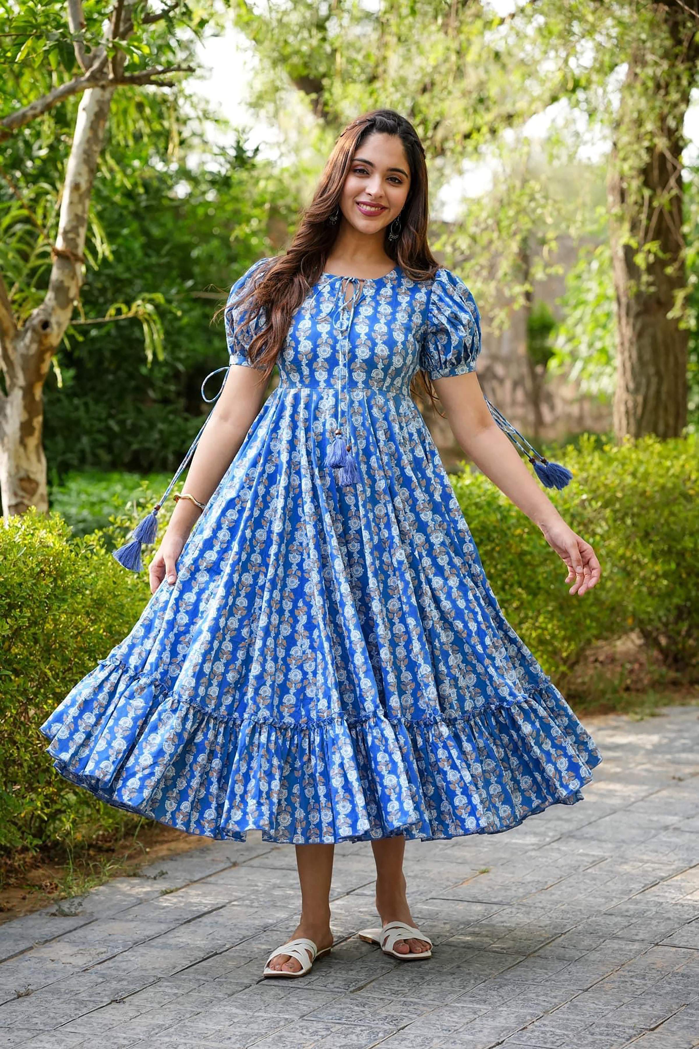 Sonakshi Women's Blue Rayon Digital Print Full Round Flair Anarkali Gown Set