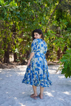 Sonakshi Women's Blue Rayon Digital Print Full Round Flair Anarkali Gown Set