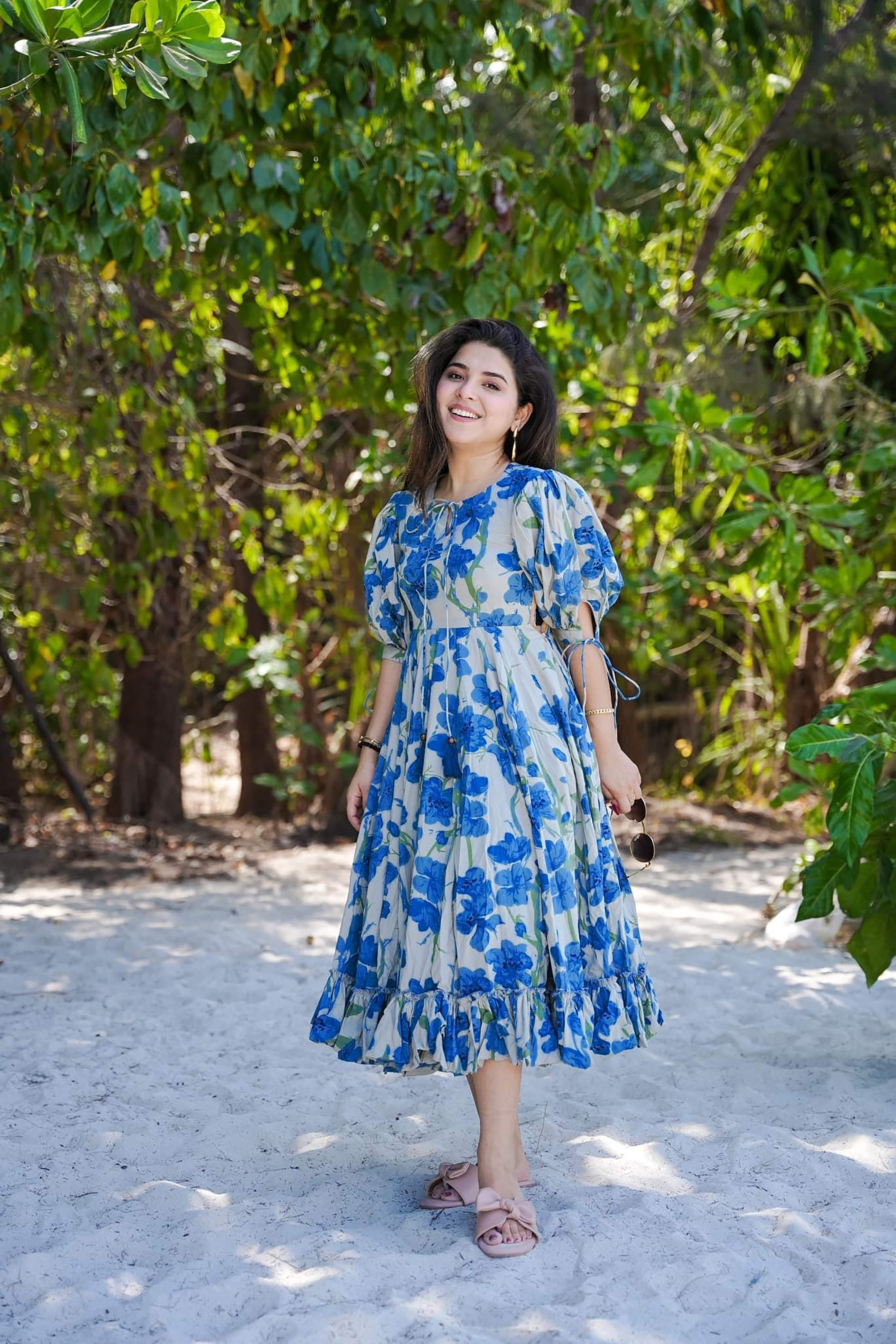 Sonakshi Women's Blue Rayon Digital Print Full Round Flair Anarkali Gown Set