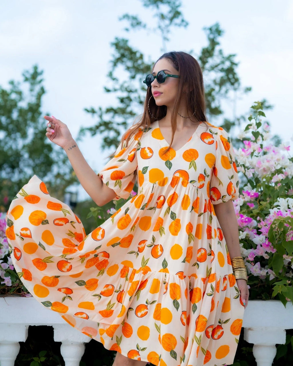 Sonakshi Women's White & Yellow Rayon Digital Print Full Round Flair Anarkali Gown Set