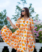 Sonakshi Women's White & Yellow Rayon Digital Print Full Round Flair Anarkali Gown Set