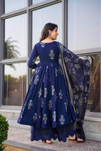 Sonakshi Women's Royal Blue Maslin Digital Print Full Round Flair Anarkali Gown Set With Dupatta