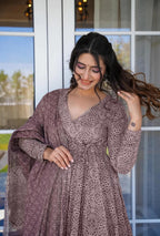 Sonakshi Women's Baby Purple Maslin Digital Print Full Round Flair Anarkali Gown Set With Dupatta