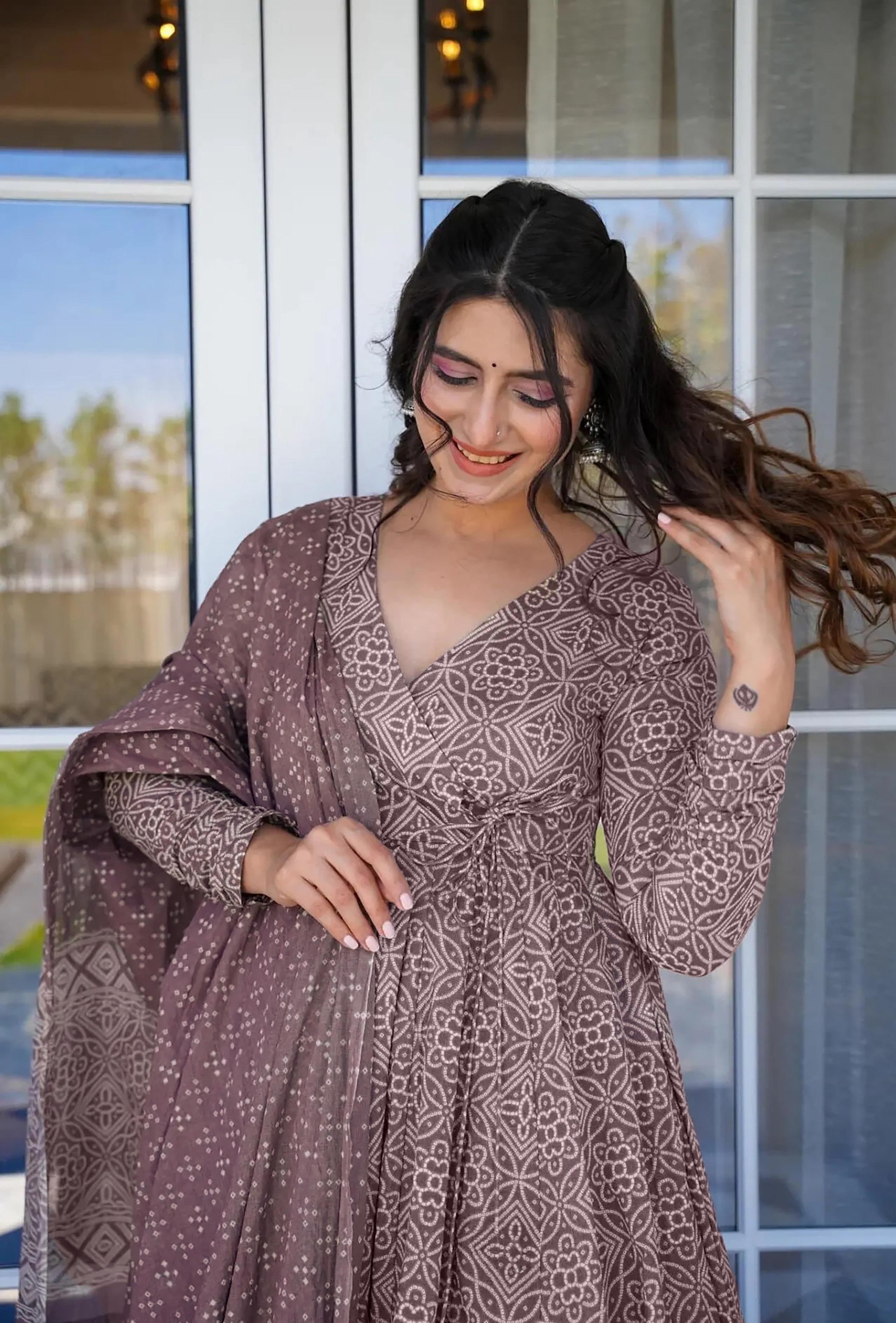 Sonakshi Women's Baby Purple Maslin Digital Print Full Round Flair Anarkali Gown Set With Dupatta