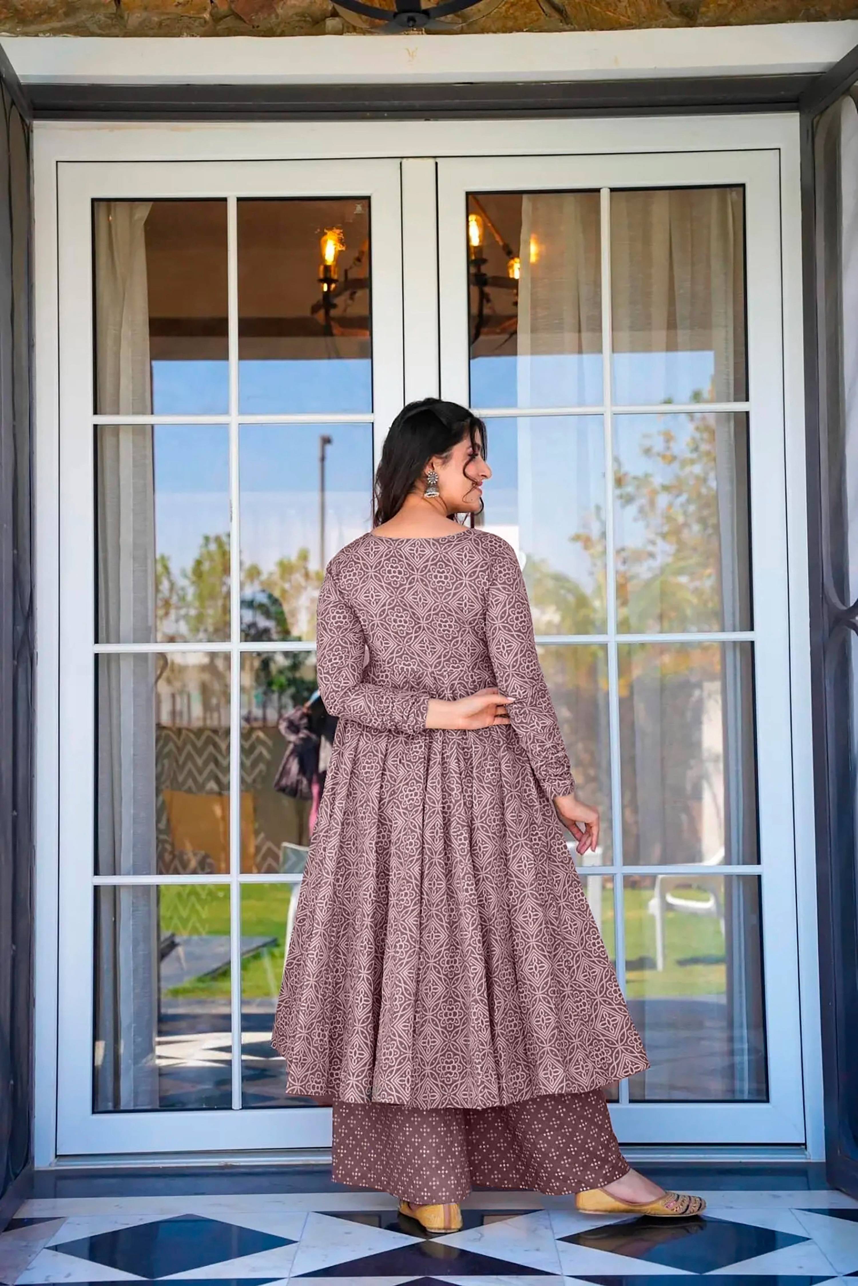 Sonakshi Women's Baby Purple Maslin Digital Print Full Round Flair Anarkali Gown Set With Dupatta