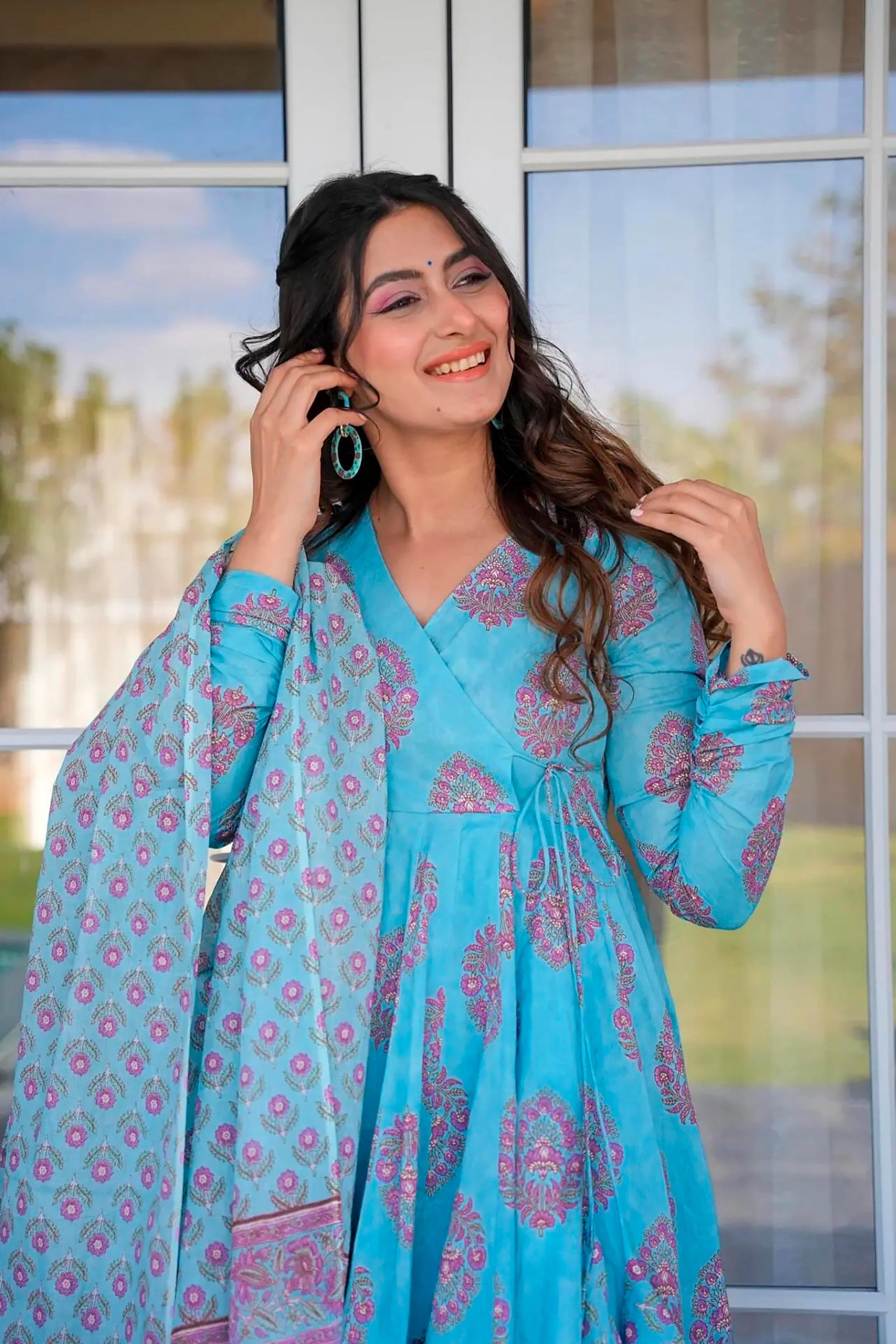 Sonakshi Women's Electric Blue Maslin Digital Print Full Round Flair Anarkali Gown Set With Dupatta