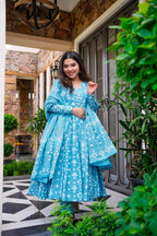 Sonakshi Women's Bright Blue Maslin Digital Print Full Round Flair Anarkali Gown Set With Dupatta