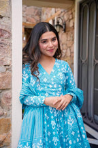 Sonakshi Women's Bright Blue Maslin Digital Print Full Round Flair Anarkali Gown Set With Dupatta