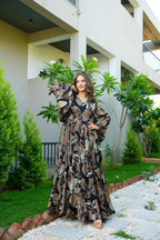 Sonakshi Women's Black Air tex Chinon Digital Print Full Round Flair Anarkali Gown Set