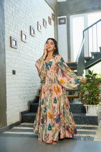 Sonakshi Women's Peach Air tex Chinon Digital Print Full Round Flair Anarkali Gown Set