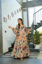 Sonakshi Women's Peach Air tex Chinon Digital Print Full Round Flair Anarkali Gown Set