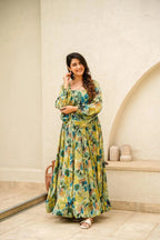Sonakshi Women's Pista Air tex Chinon Digital Print Full Round Flair Anarkali Gown Set
