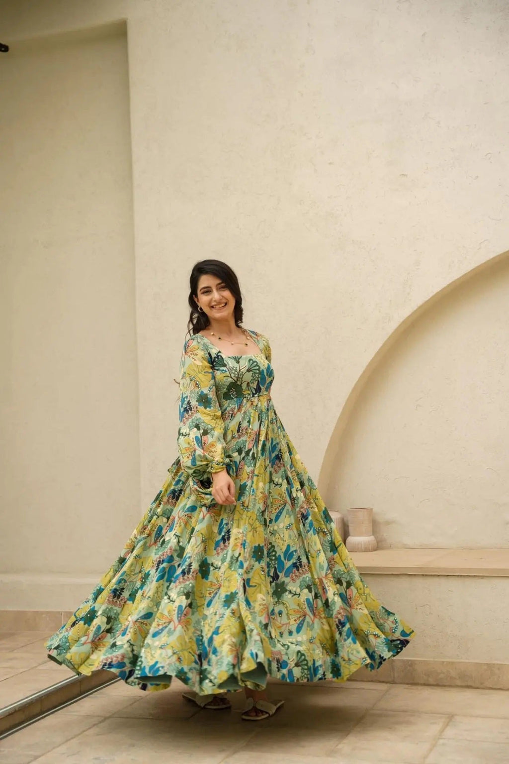 Sonakshi Women's Pista Air tex Chinon Digital Print Full Round Flair Anarkali Gown Set