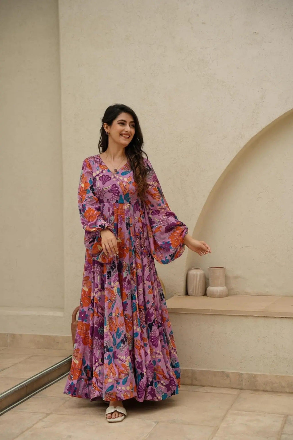 Sonakshi Women's Pink Air tex Chinon Digital Print Full Round Flair Anarkali Gown Set
