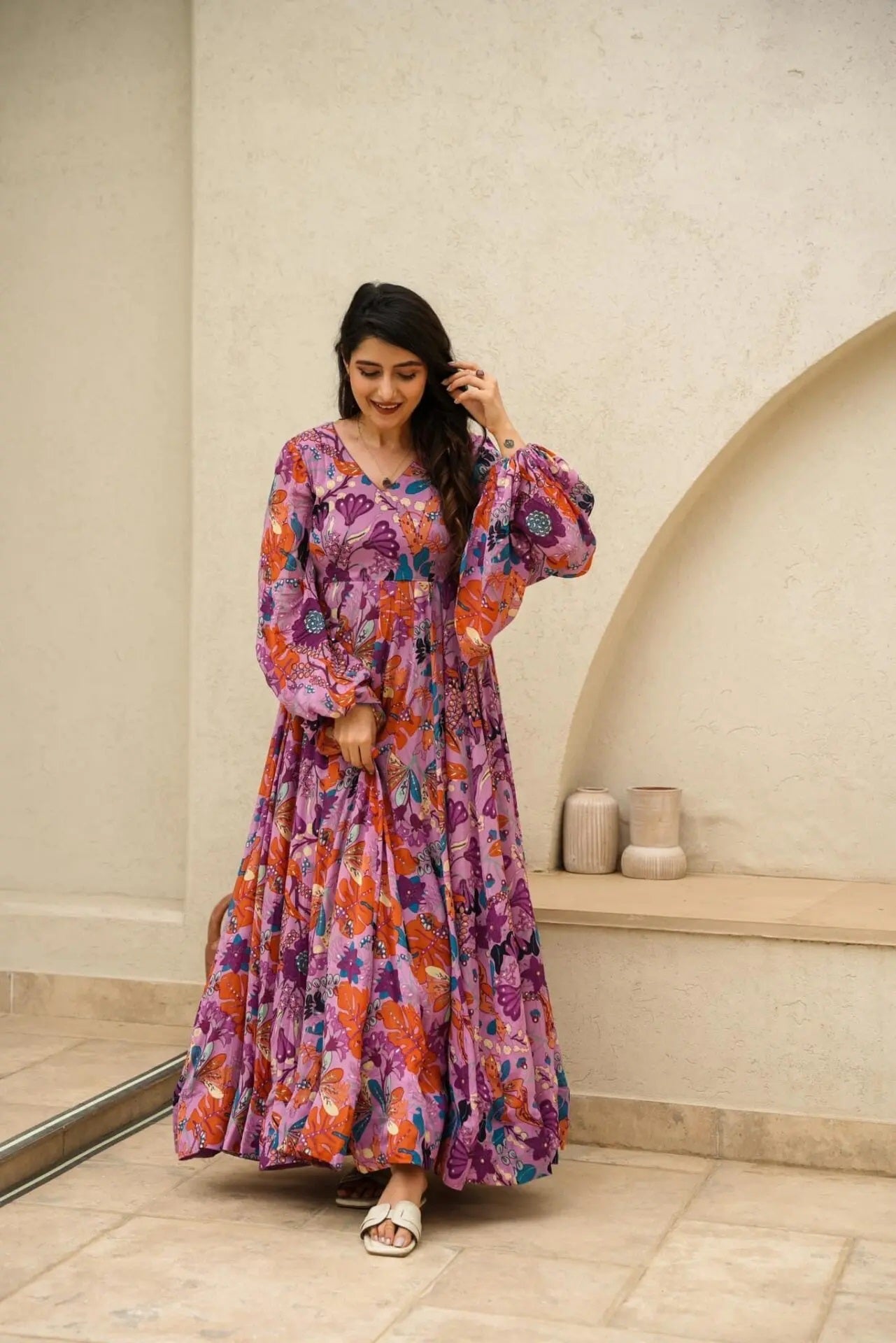 Sonakshi Women's Pink Air tex Chinon Digital Print Full Round Flair Anarkali Gown Set