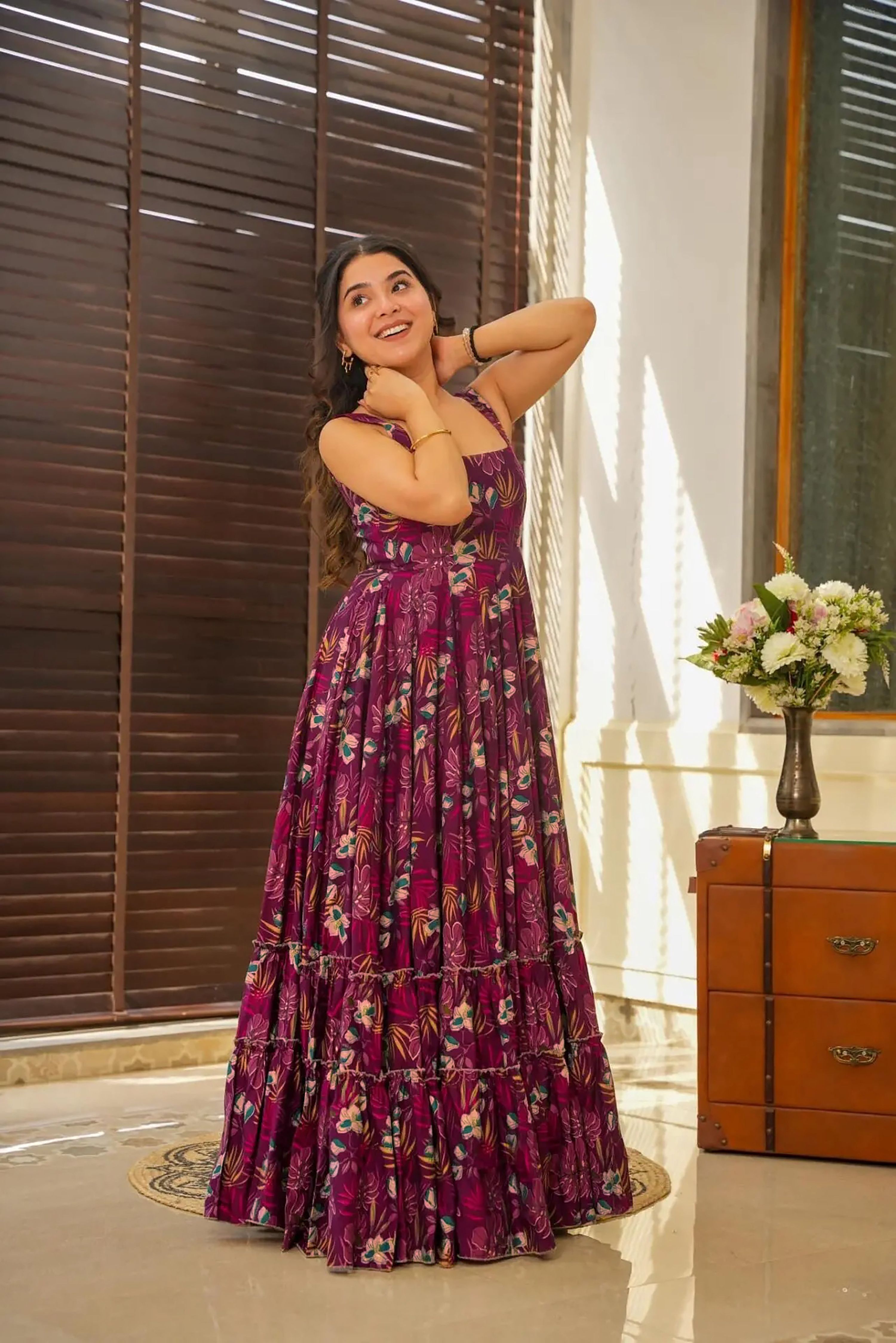 Sonakshi Women's Purple Heavy Rayon Digital Print Full Round Flair Anarkali Gown Set