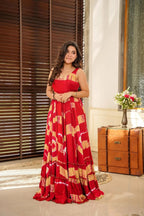 Sonakshi Women's Red Heavy Rayon Digital Print Full Round Flair Anarkali Gown Set