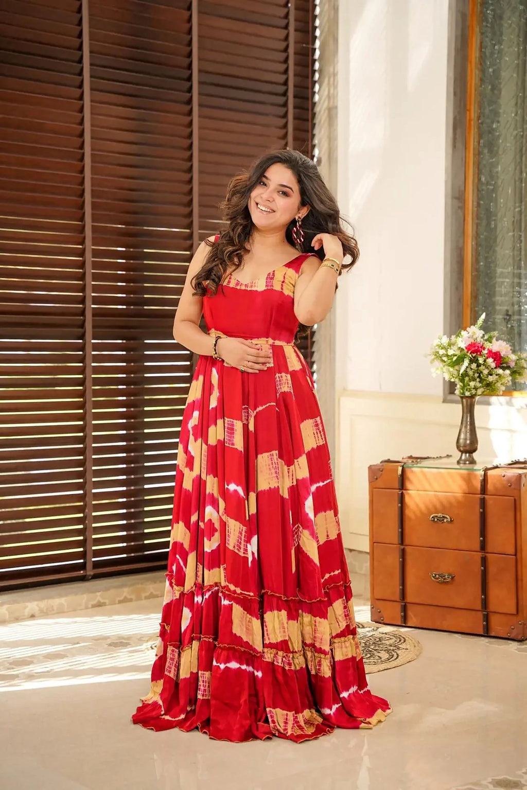 Sonakshi Women's Red Heavy Rayon Digital Print Full Round Flair Anarkali Gown Set