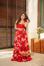 Sonakshi Women's Red Heavy Rayon Digital Print Full Round Flair Anarkali Gown Set