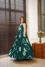 Sonakshi Women's Green Heavy Rayon Digital Print Full Round Flair Anarkali Gown Set