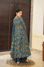 Sonakshi Women's Teal Maslin Digital Print Full Round Flair Anarkali Gown Set With Dupatta