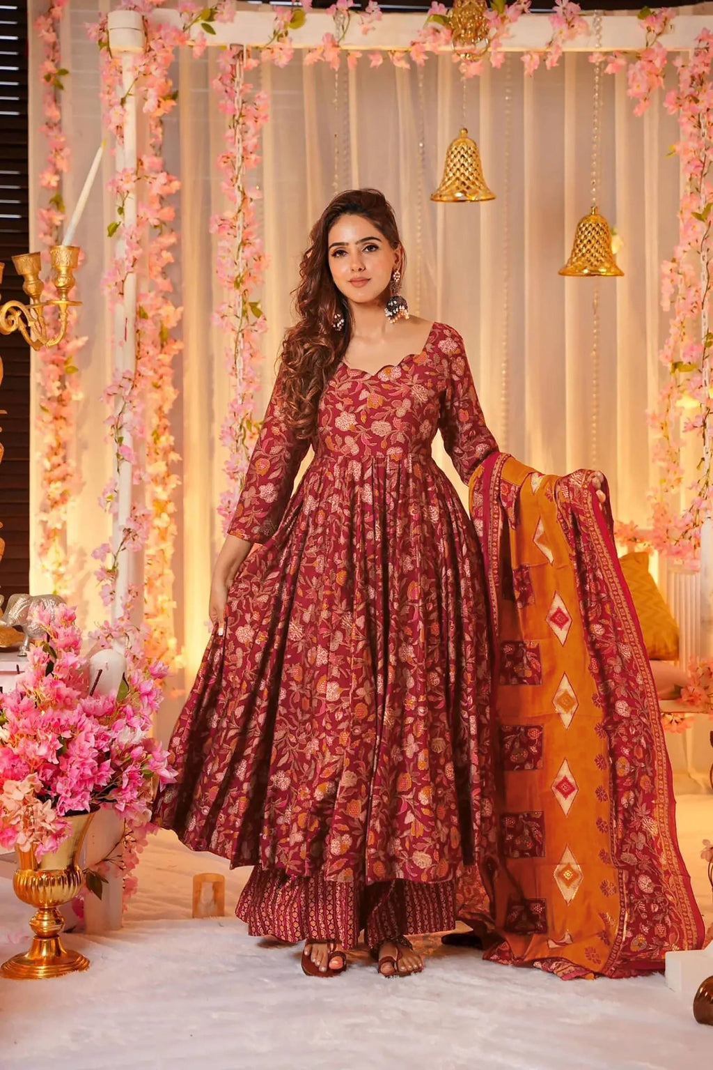Sonakshi Women's Peach Maslin Digital Print Full Round Flair Anarkali Gown Set With Dupatta