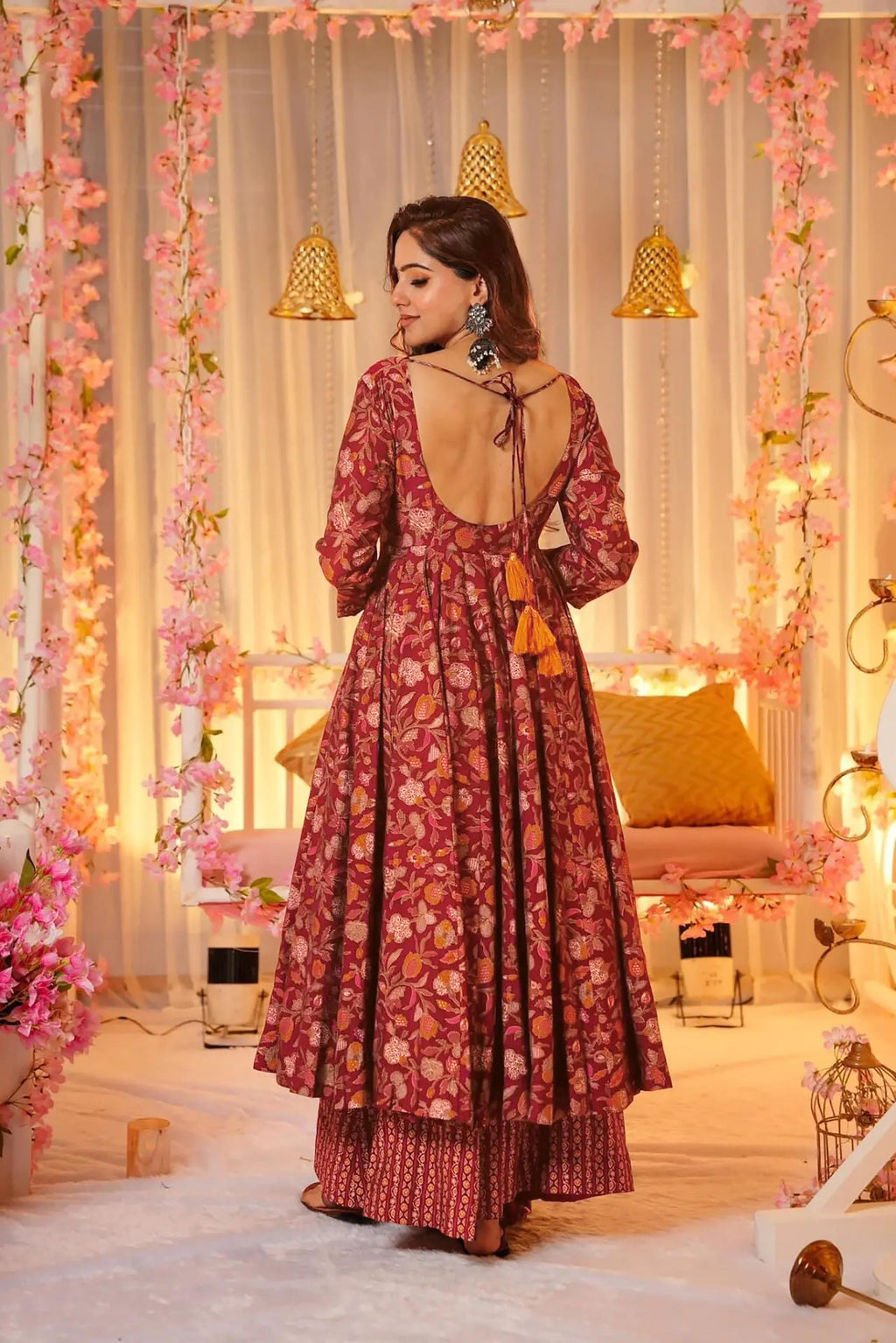 Sonakshi Women's Peach Maslin Digital Print Full Round Flair Anarkali Gown Set With Dupatta