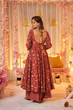Sonakshi Women's Peach Maslin Digital Print Full Round Flair Anarkali Gown Set With Dupatta
