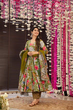 Sonakshi Women's Multycolor Maslin Digital Print Full Round Flair Anarkali Gown Set With Dupatta
