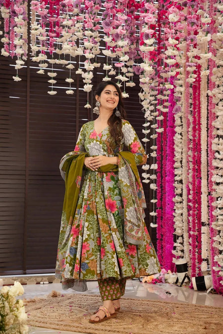 Sonakshi Women's Multycolor Maslin Digital Print Full Round Flair Anarkali Gown Set With Dupatta
