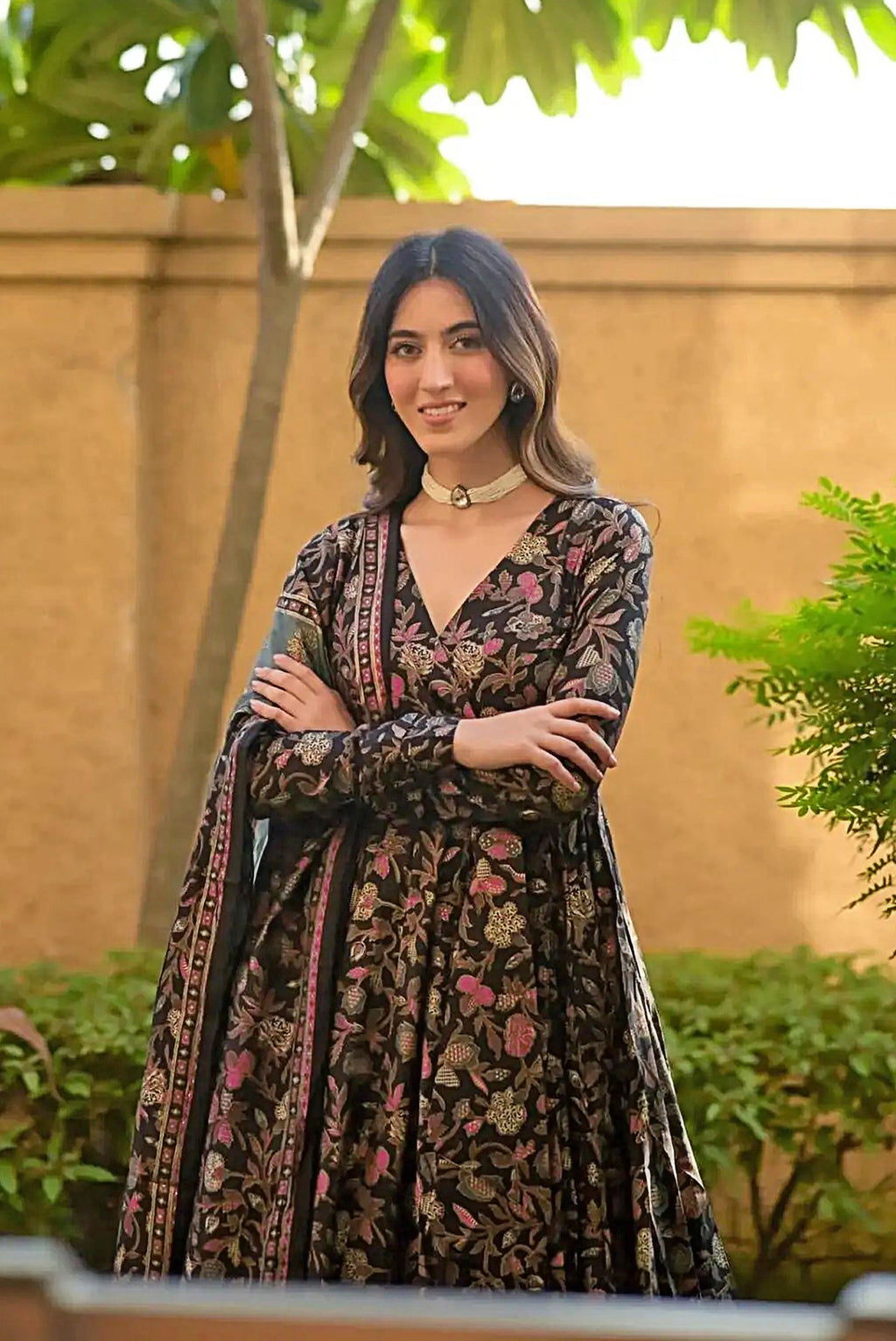 Sonakshi Women's Black Maslin Digital Print Full Round Flair Anarkali Gown Set With Dupatta