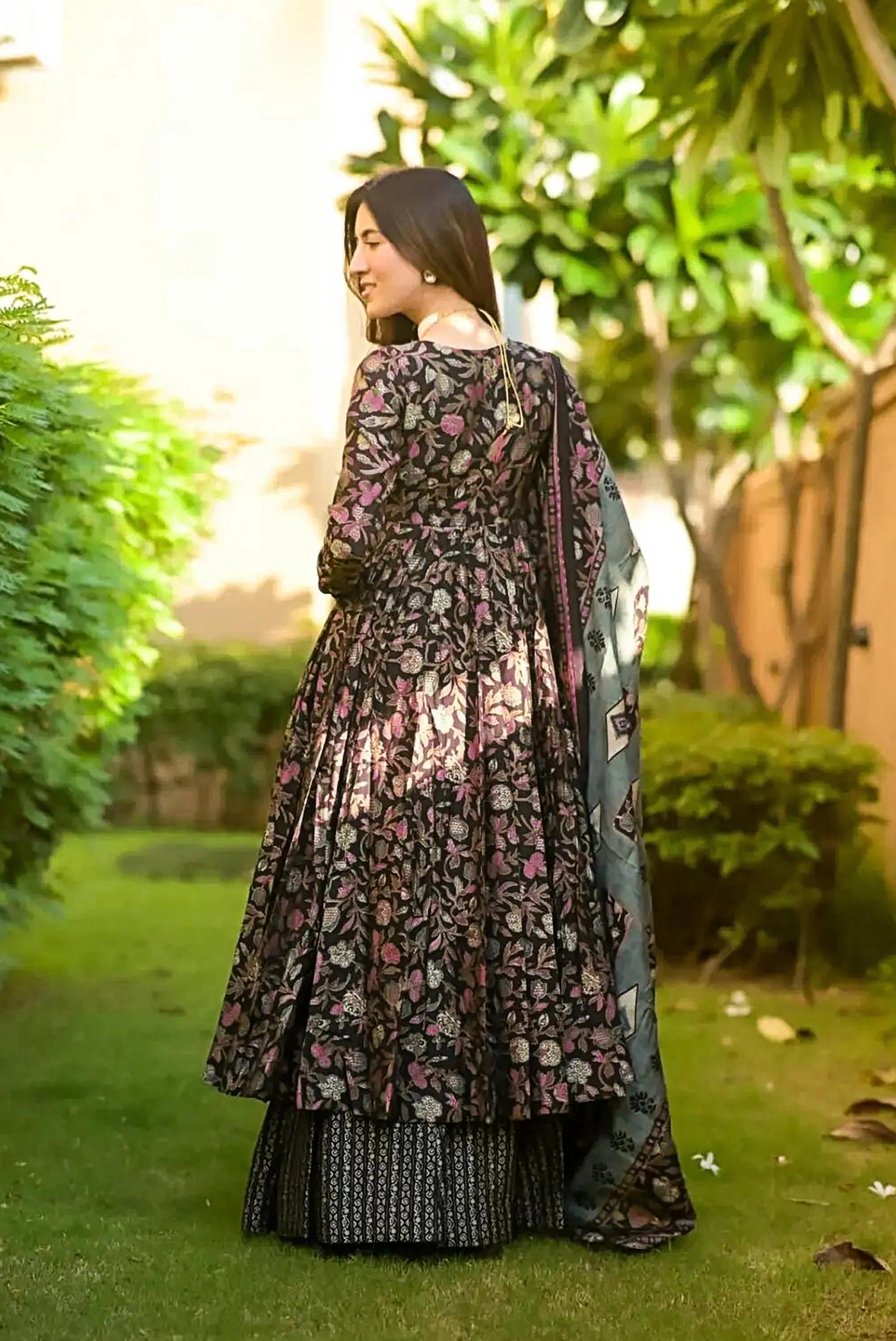Sonakshi Women's Black Maslin Digital Print Full Round Flair Anarkali Gown Set With Dupatta