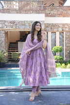 Sonakshi Women's Multycolor Maslin Digital Print Full Round Flair Anarkali Gown Set With Dupatta