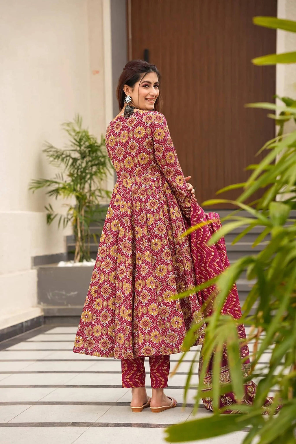 Sonakshi Women's Maharani Maslin Digital Print Full Round Flair Anarkali Gown Set With Dupatta