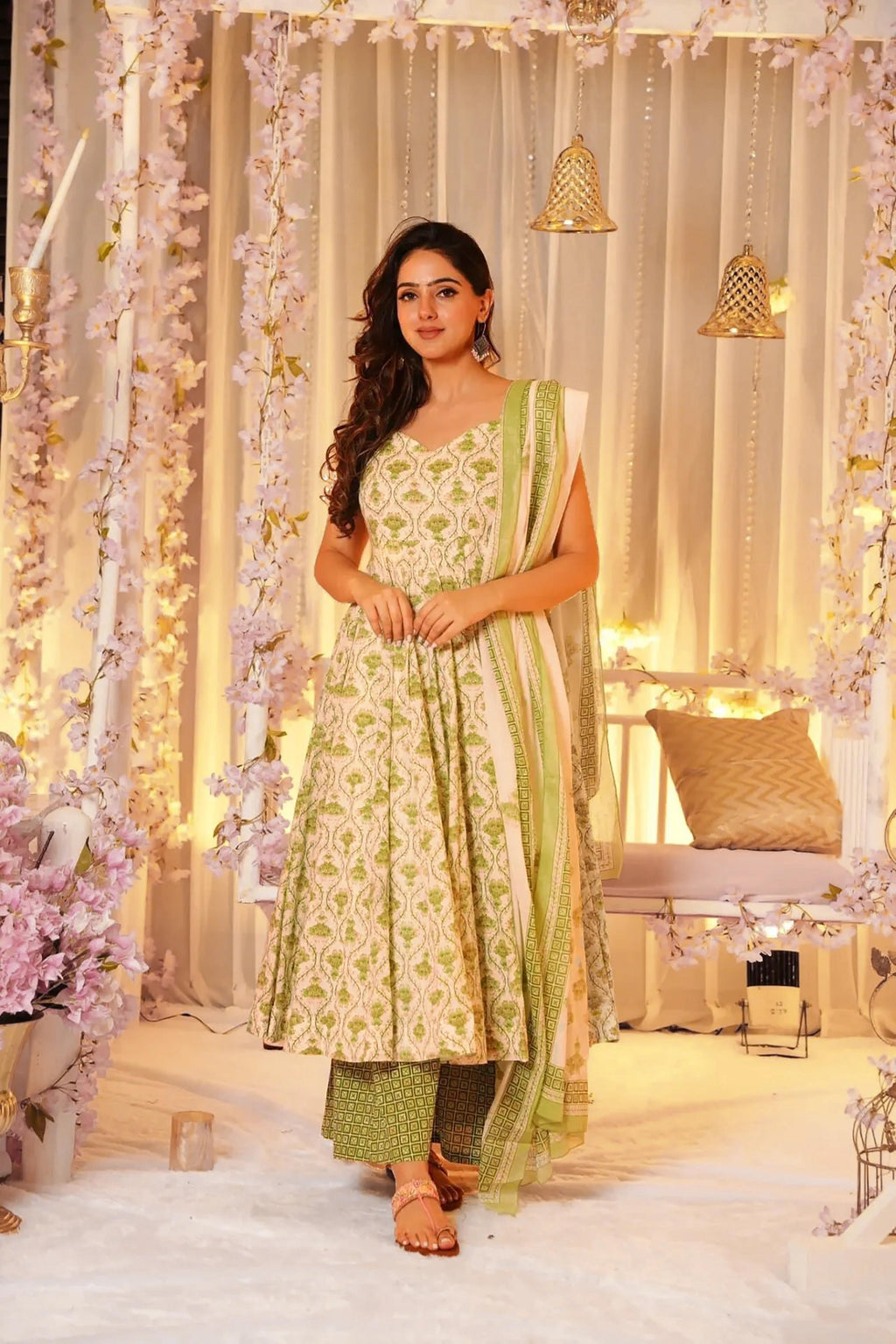 Sonakshi Women's Green Maslin Digital Print Full Round Flair Anarkali Gown Set With Dupatta