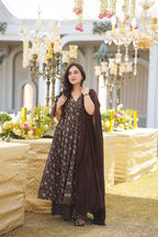 Sonakshi Women's Coffie Maslin Digital Print Full Round Flair Anarkali Gown Set With Dupatta