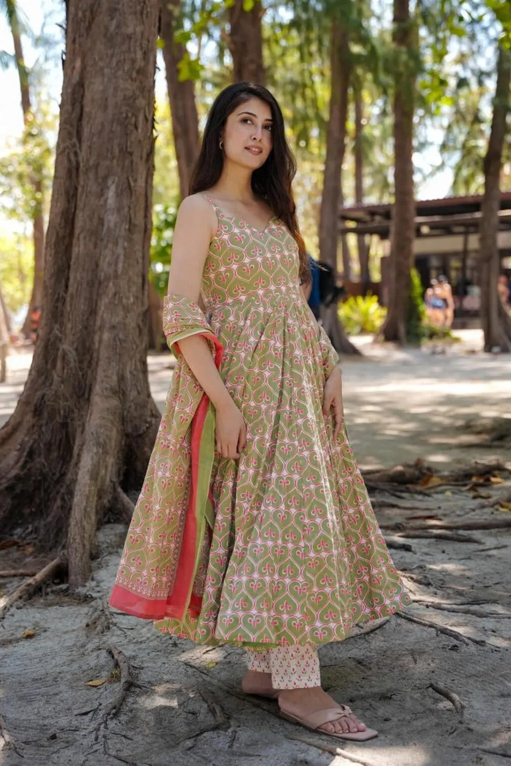 Sonakshi Women's Green Maslin Digital Print Full Round Flair Anarkali Gown Set With Dupatta