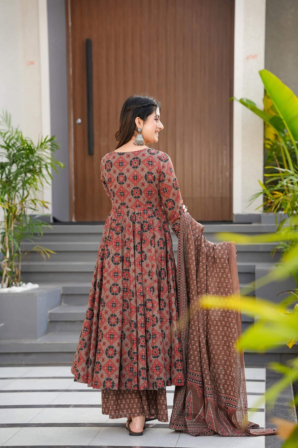 Sonakshi Women's Coffie Maslin Digital Print Full Round Flair Anarkali Gown Set With Dupatta
