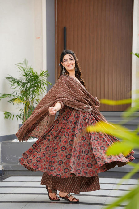 Sonakshi Women's Coffie Maslin Digital Print Full Round Flair Anarkali Gown Set With Dupatta
