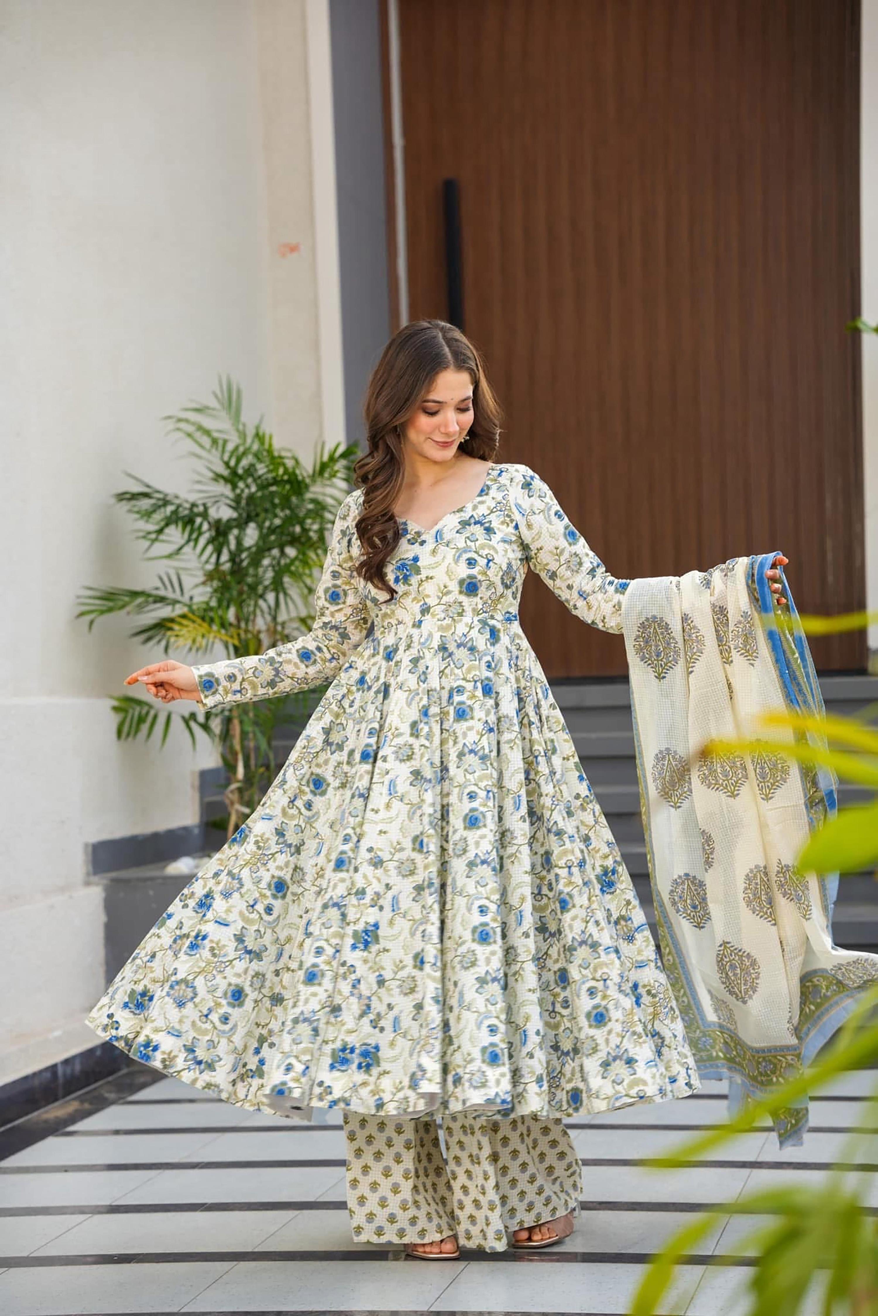 Sonakshi Women's Offwhite Maslin Digital Print Full Round Flair Anarkali Gown Set With Dupatta