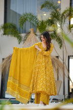 Sonakshi Women's Yellow Maslin Digital Print Full Round Flair Anarkali Gown Set With Dupatta