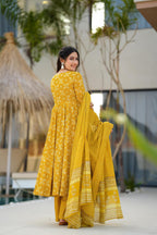 Sonakshi Women's Yellow Maslin Digital Print Full Round Flair Anarkali Gown Set With Dupatta