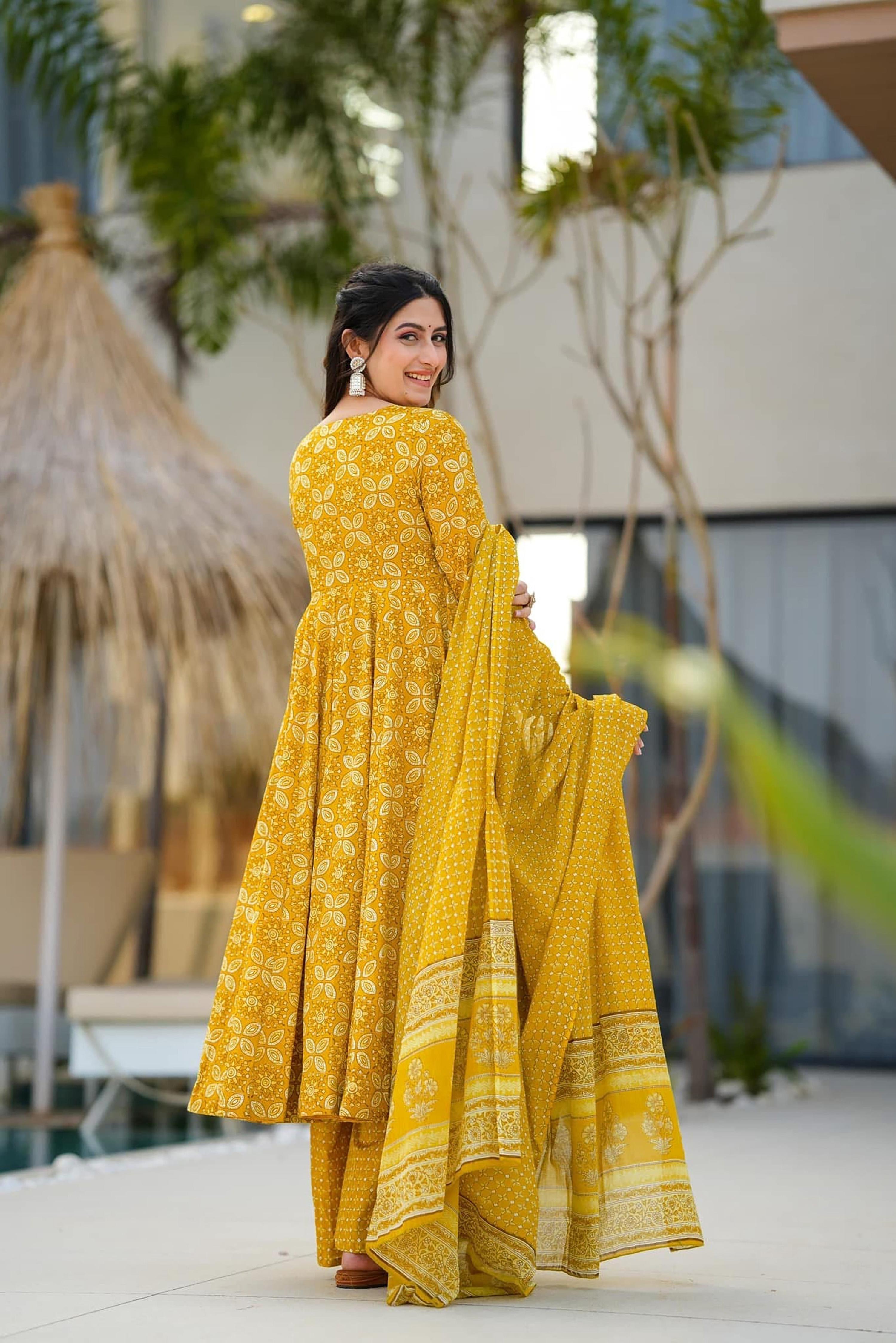Sonakshi Women's Yellow Maslin Digital Print Full Round Flair Anarkali Gown Set With Dupatta