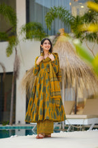 Sonakshi Women's Yellow Maslin Digital Print Full Round Flair Anarkali Gown Set With Dupatta