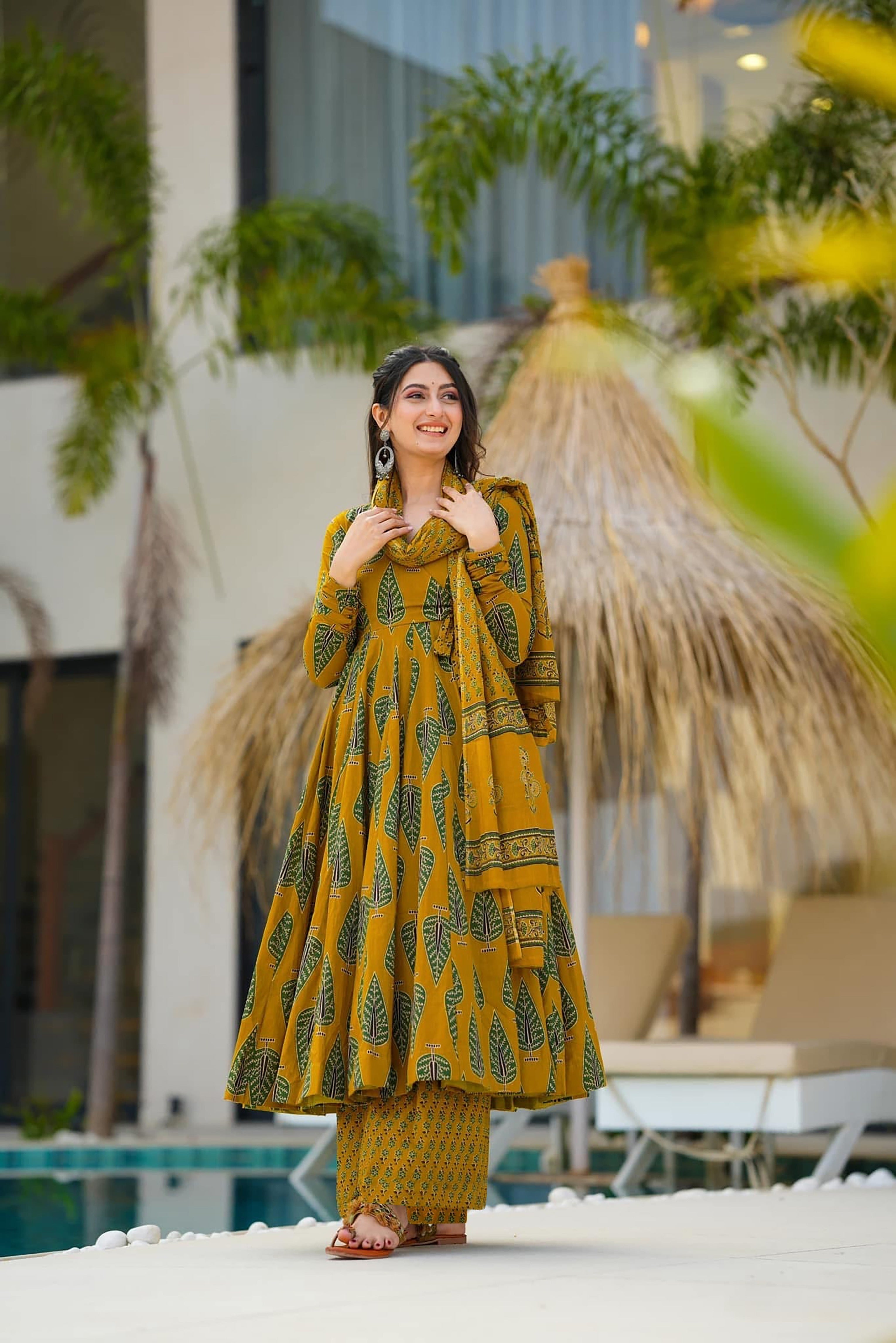 Sonakshi Women's Yellow Maslin Digital Print Full Round Flair Anarkali Gown Set With Dupatta