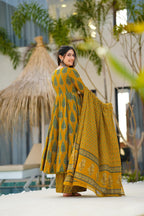 Sonakshi Women's Yellow Maslin Digital Print Full Round Flair Anarkali Gown Set With Dupatta