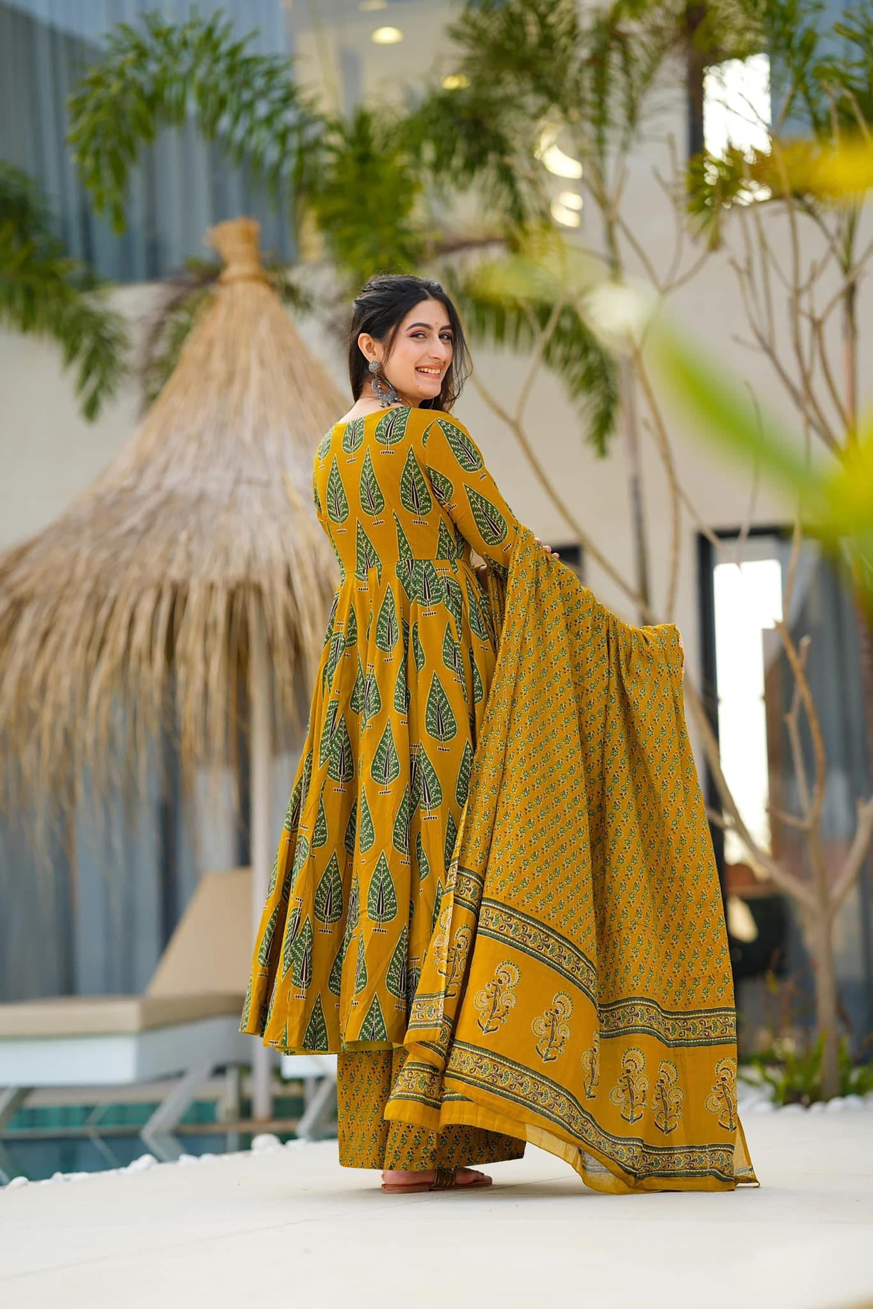 Sonakshi Women's Yellow Maslin Digital Print Full Round Flair Anarkali Gown Set With Dupatta